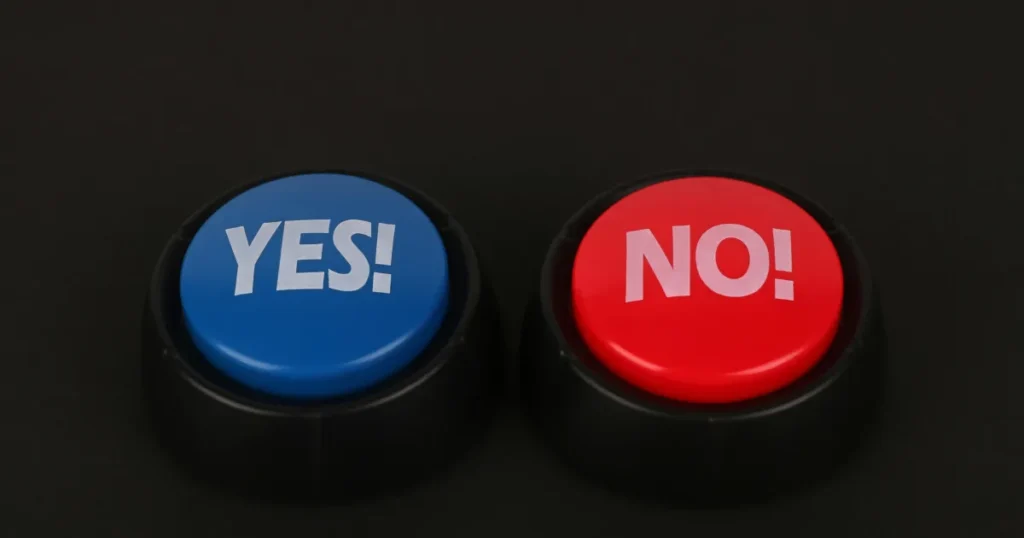 黒い背景に、青（YES）と赤（NO）の2つのボタンが並んでいる。