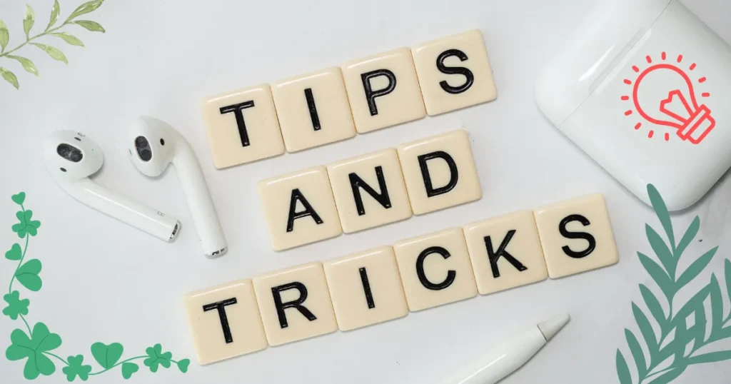 「TIPS AND TRICKS」と書かれたブロック文字とワイヤレスイヤホン、電球マークのイラストが並ぶ画像