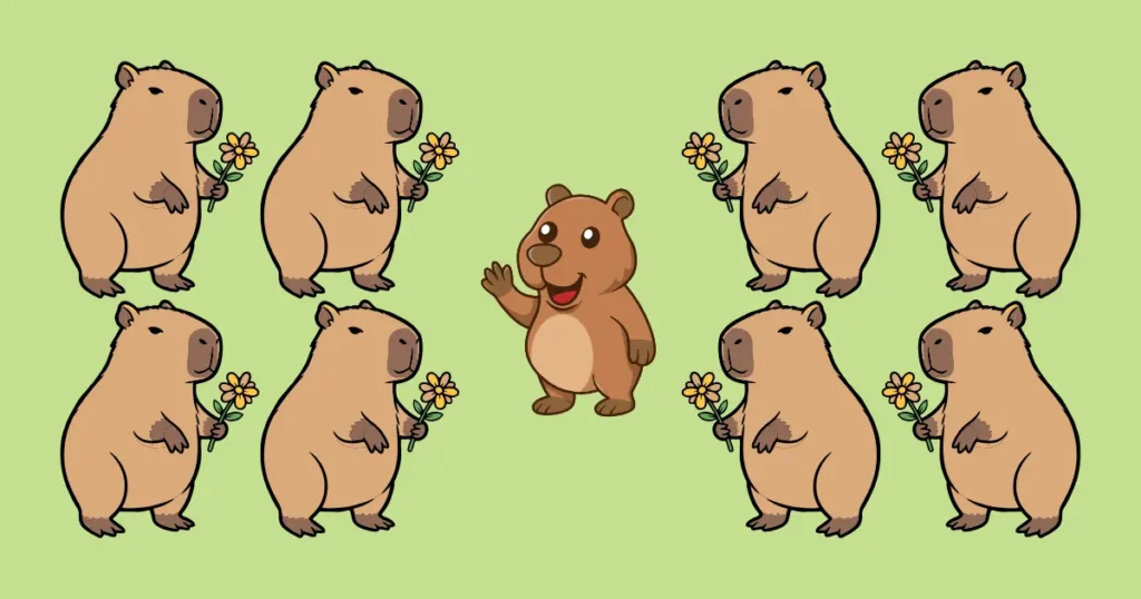 カピバラのキャラクターが花を持ち、中央にクマのキャラクターが手を振っているイラスト