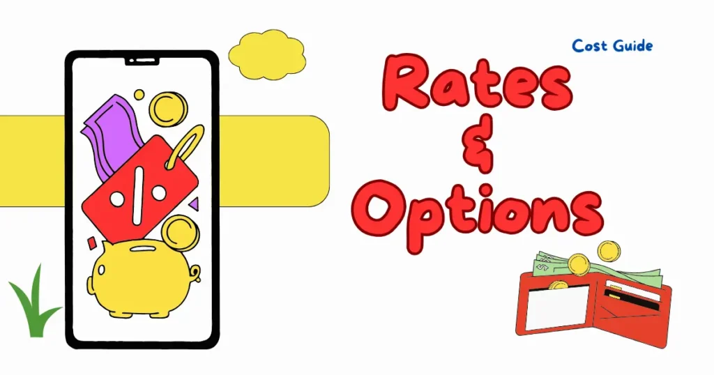 スマホ画面に割引アイコンとコイン、横に「Rates & Options」の文字。