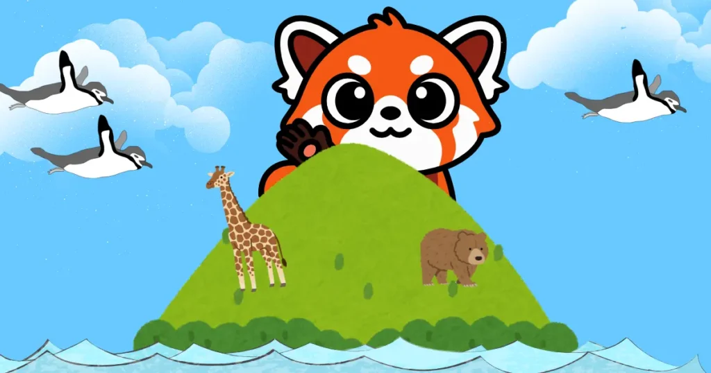 大きなレッサーパンダのキャラクターと、キリン・クマ・ペンギンが描かれたイラスト